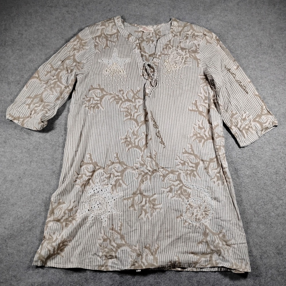 Antica Sartoria Positano Cotton Striped Coral Pearl Embellished Tunic Dress 3